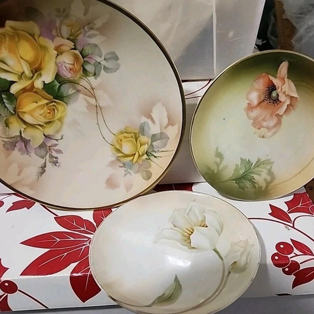 Antique Prussia China German Plate Yellow Roses Set Of 3 Plates